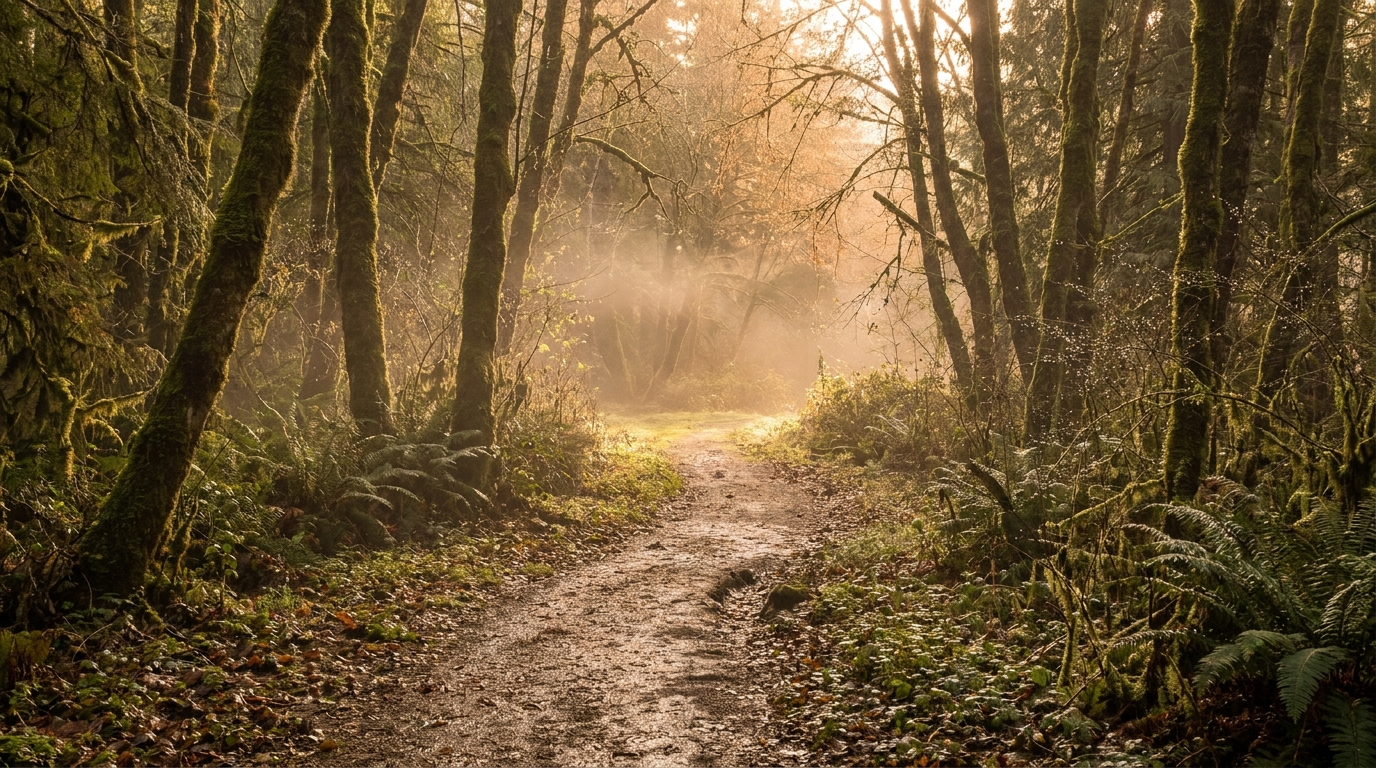 Waldpfad öffnet sich zur hellen Lichtung – Weg durch eine Lebenskrise